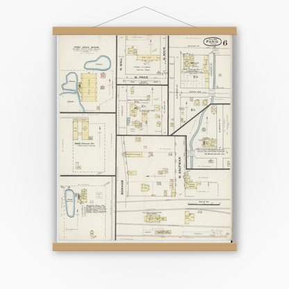 Old map wall art mockup — magnetic wood frame on white wall — Sanborn Fire Insurance Map from Paris, Lamar County, Texas (1888), Sheet #0006