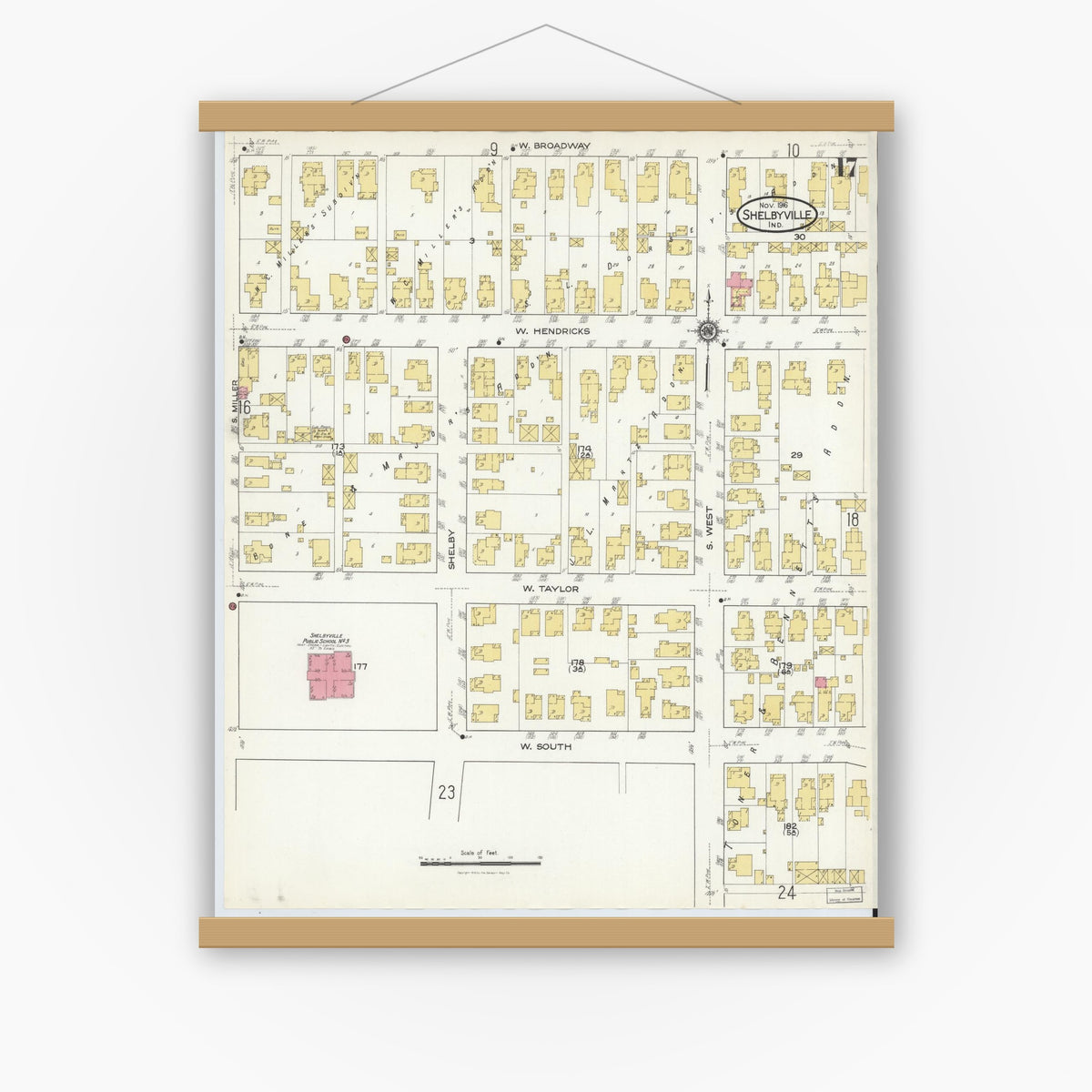 Old map wall art mockup — magnetic wood frame on white wall — Sanborn Fire Insurance Map from Shelbyville, Shelby County, Indiana (1916), Sheet #0017
