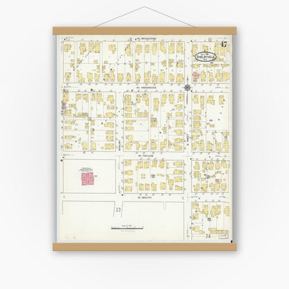 Old map wall art mockup — magnetic wood frame on white wall — Sanborn Fire Insurance Map from Shelbyville, Shelby County, Indiana (1916), Sheet #0017