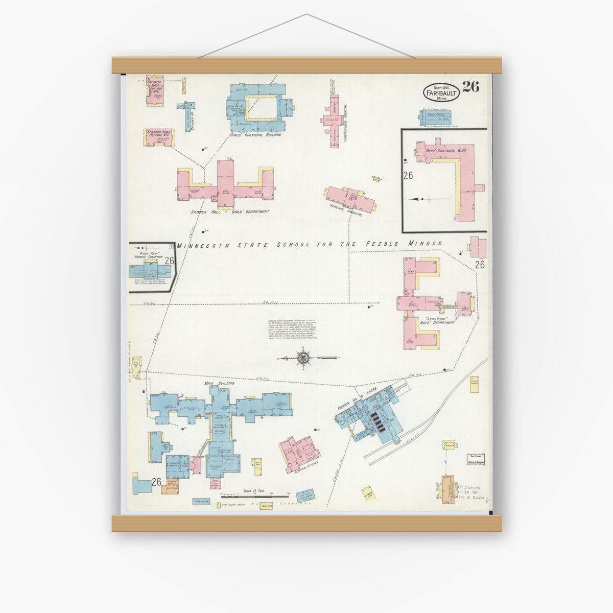 Old map wall art mockup — magnetic wood frame on white wall — Sanborn Fire Insurance Map from Faribault, Rice County, Minnesota (1914), Sheet #0026