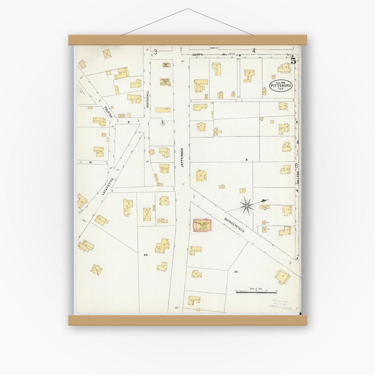 Old map wall art mockup — magnetic wood frame on white wall — Sanborn Fire Insurance Map from Pittsburg, Camp County, Texas (1906), Sheet #0005