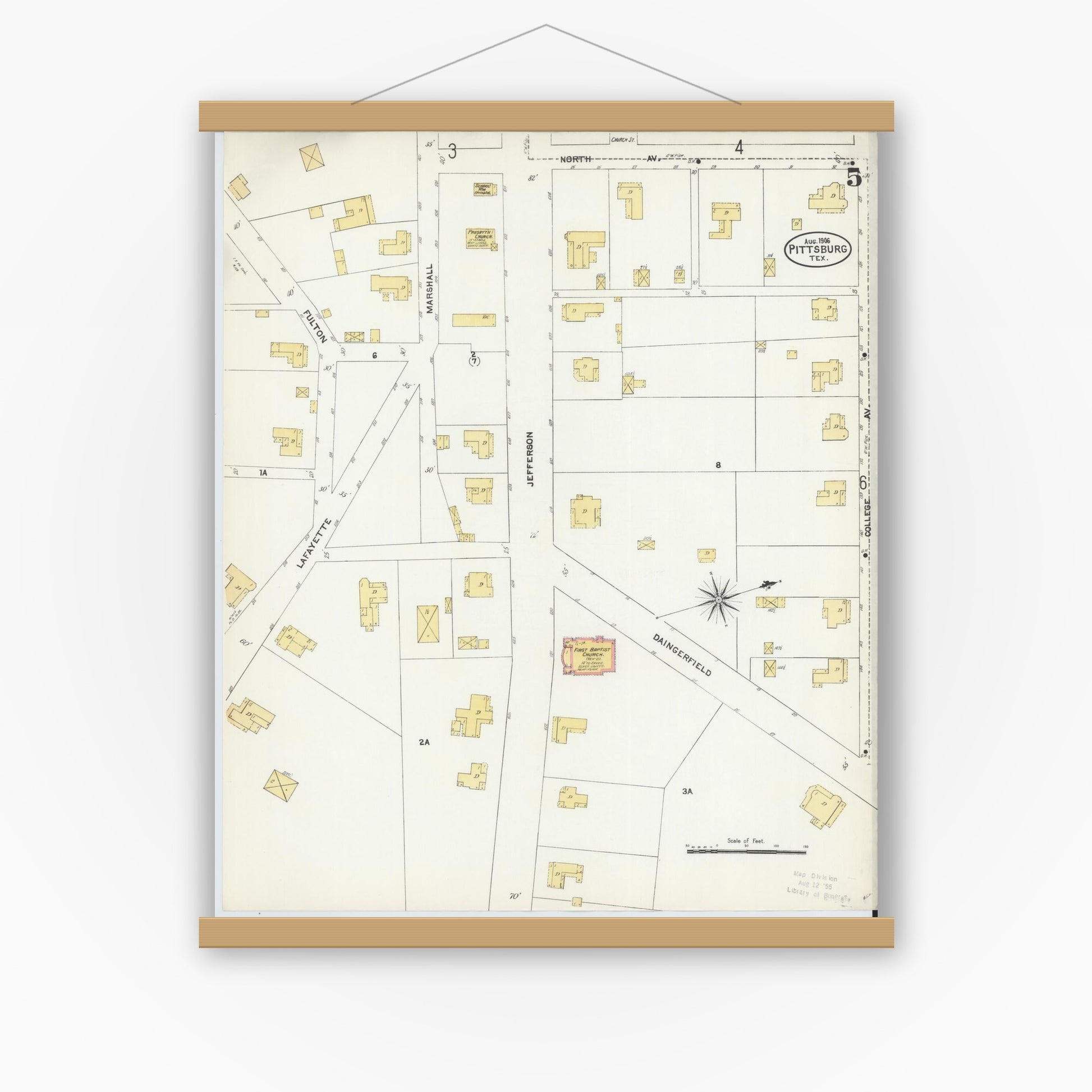 Old map wall art mockup — magnetic wood frame on white wall — Sanborn Fire Insurance Map from Pittsburg, Camp County, Texas (1906), Sheet #0005