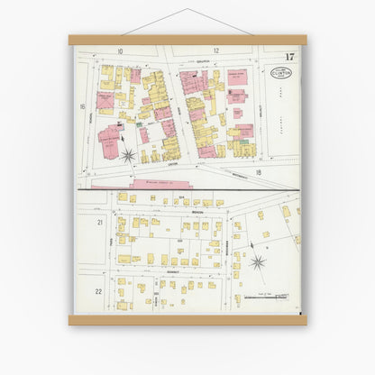 Old map wall art mockup — magnetic wood frame on white wall — Sanborn Fire Insurance Map from Clinton, Worcester County, Massachusetts (1904), Sheet #0017