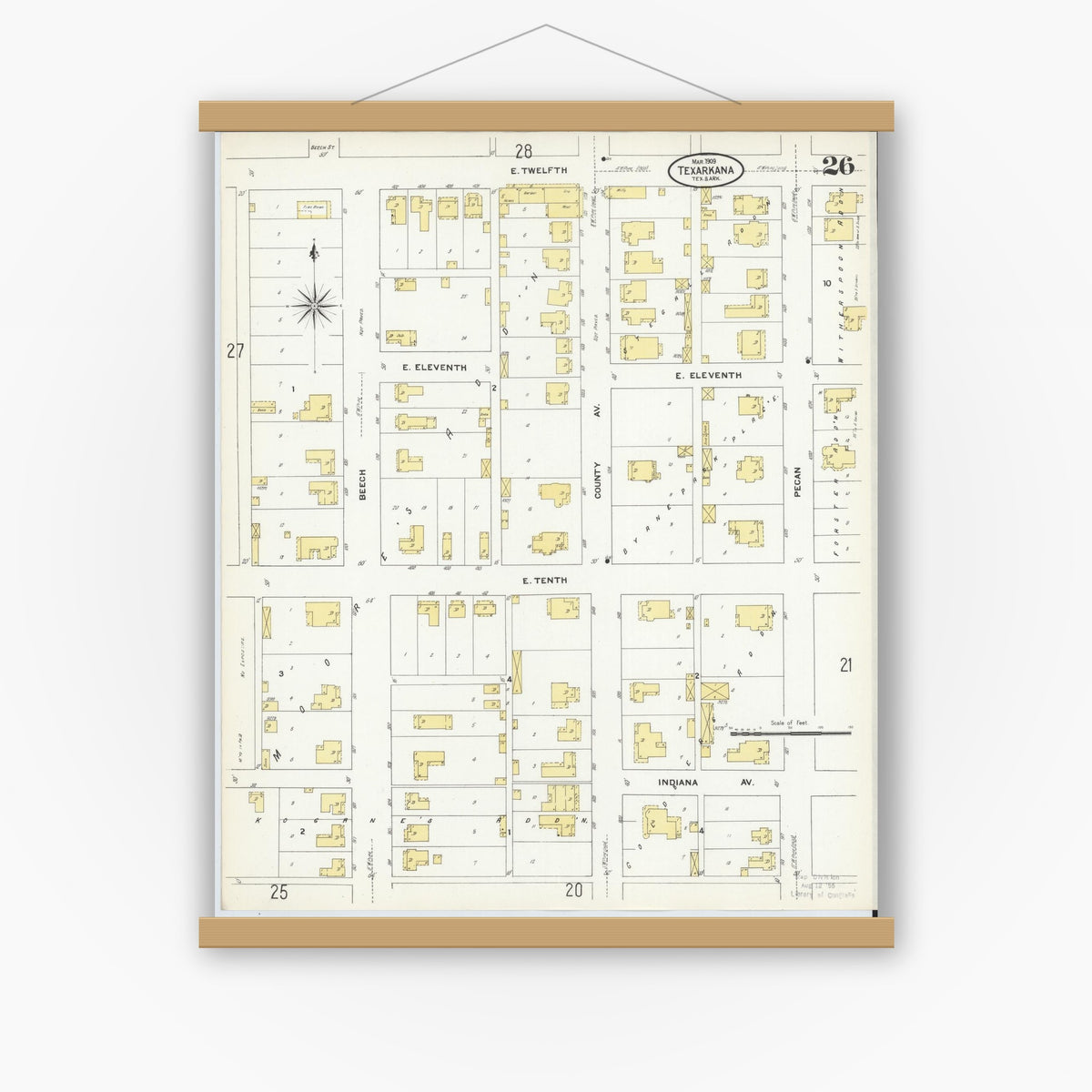 Old map wall art mockup — magnetic wood frame on white wall — Sanborn Fire Insurance Map from Texarkana, Bowie County, Texas (1909), Sheet #0026