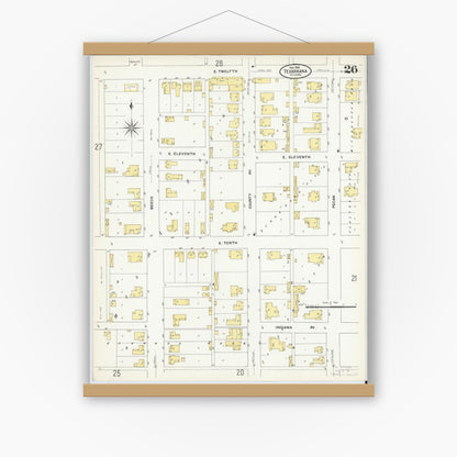 Old map wall art mockup — magnetic wood frame on white wall — Sanborn Fire Insurance Map from Texarkana, Bowie County, Texas (1909), Sheet #0026