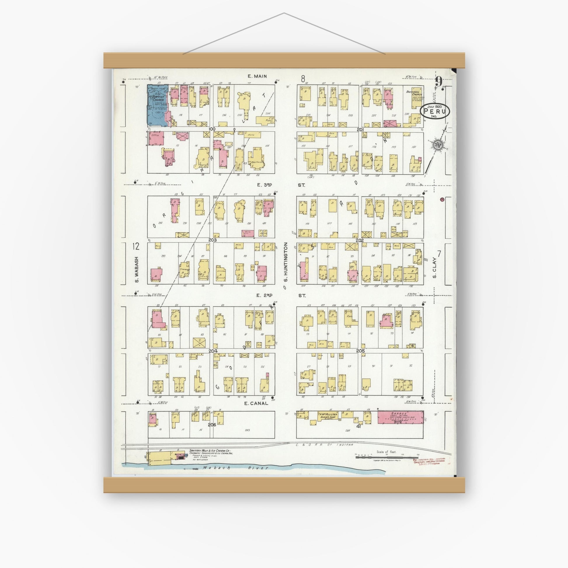 Old map wall art mockup — magnetic wood frame on white wall — Sanborn Fire Insurance Map from Peru, Miami County, Indiana (1920), Sheet #0009