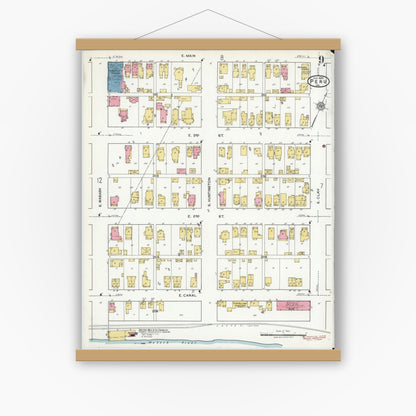 Old map wall art mockup — magnetic wood frame on white wall — Sanborn Fire Insurance Map from Peru, Miami County, Indiana (1920), Sheet #0009