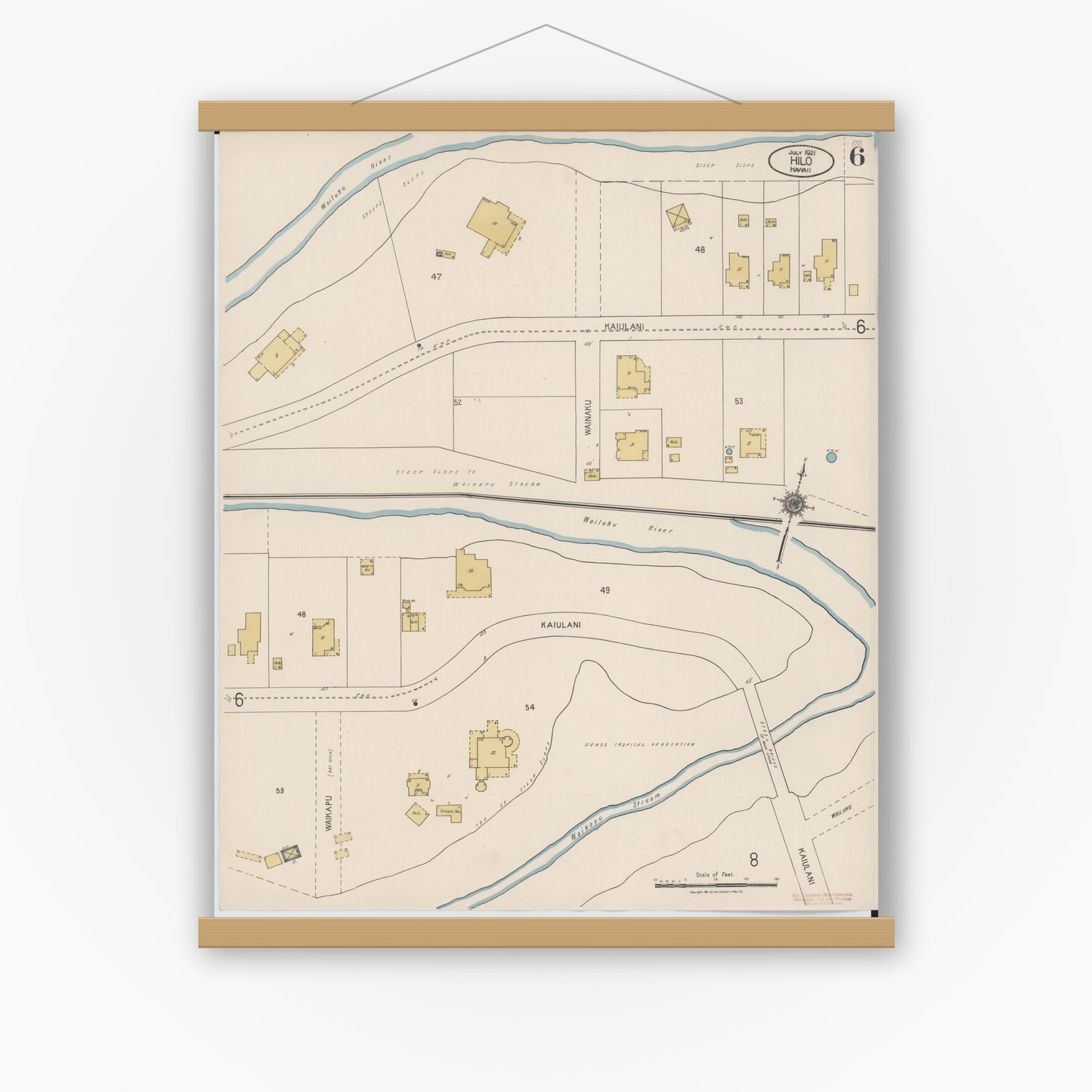 Old map wall art mockup — magnetic wood frame on white wall — Sanborn Fire Insurance Map from Hilo, Hawaii County, Hawaii (1921), Sheet #0006
