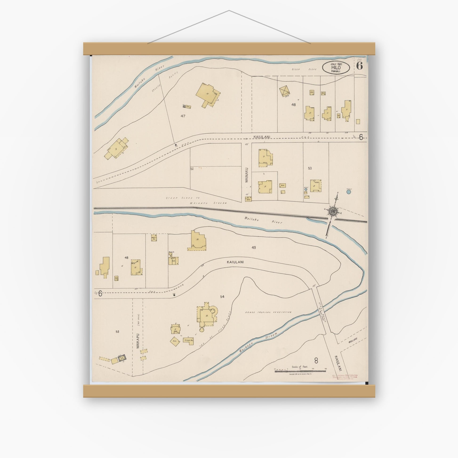 Old map wall art mockup — magnetic wood frame on white wall — Sanborn Fire Insurance Map from Hilo, Hawaii County, Hawaii (1921), Sheet #0006