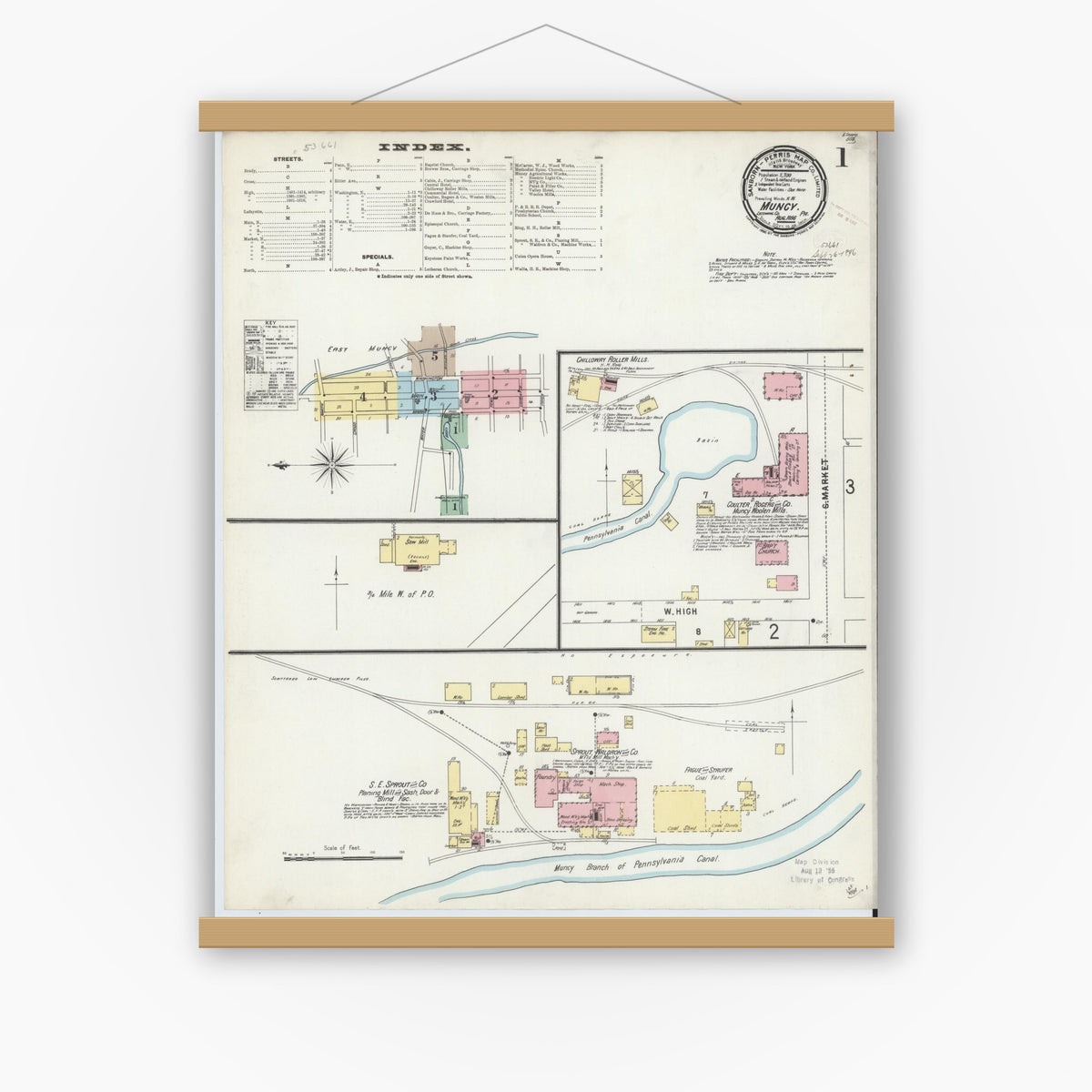 Old map wall art mockup — magnetic wood frame on white wall — Sanborn Fire Insurance Map from Muncy, Lycoming County, Pennsylvania (1896), Sheet #0001