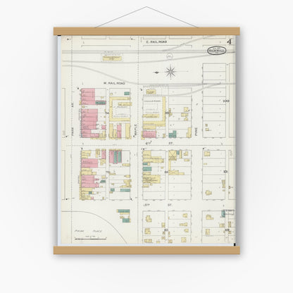 Old map wall art mockup — magnetic wood frame on white wall — Sanborn Fire Insurance Map from Rich Hill, Bates County, Missouri (1893), Sheet #0004