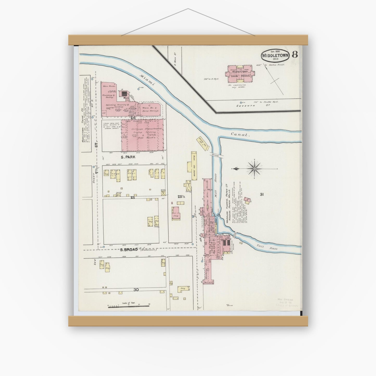 Old map wall art mockup — magnetic wood frame on white wall — Sanborn Fire Insurance Map from Middletown, Butler County, Ohio (1890), Sheet #0008