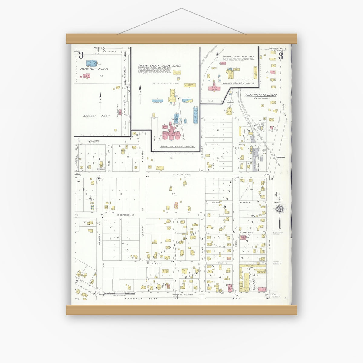 Old map wall art mockup — magnetic wood frame on white wall — Sanborn Fire Insurance Map from Viroqua, Vernon County, Wisconsin (1933), Sheet #0003