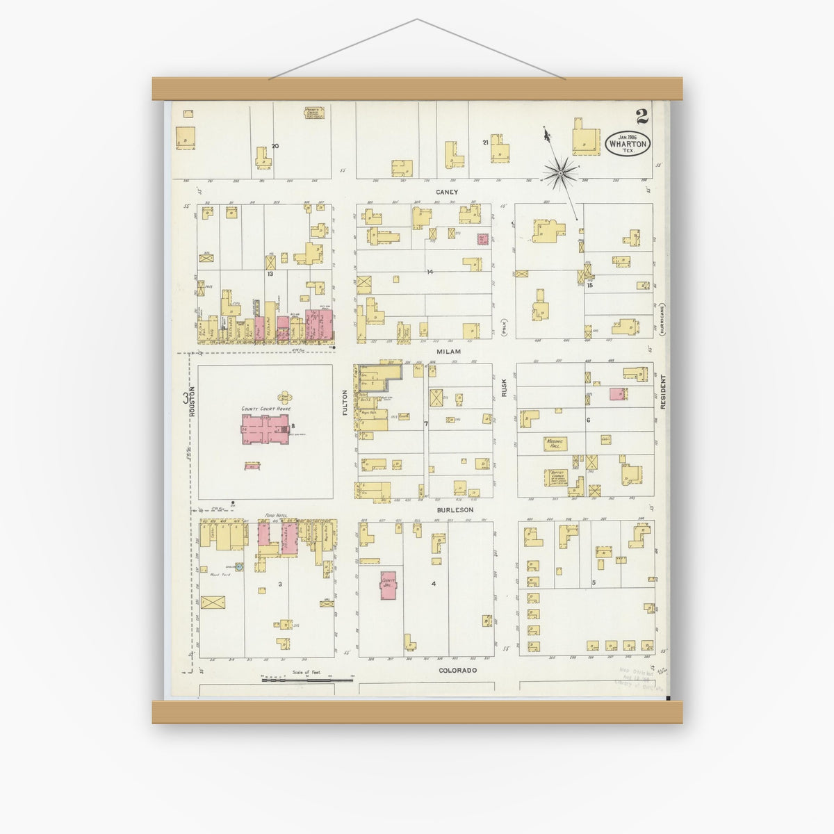 Old map wall art mockup — magnetic wood frame on white wall — Sanborn Fire Insurance Map from Wharton, Wharton County, Texas (1906), Sheet #0002