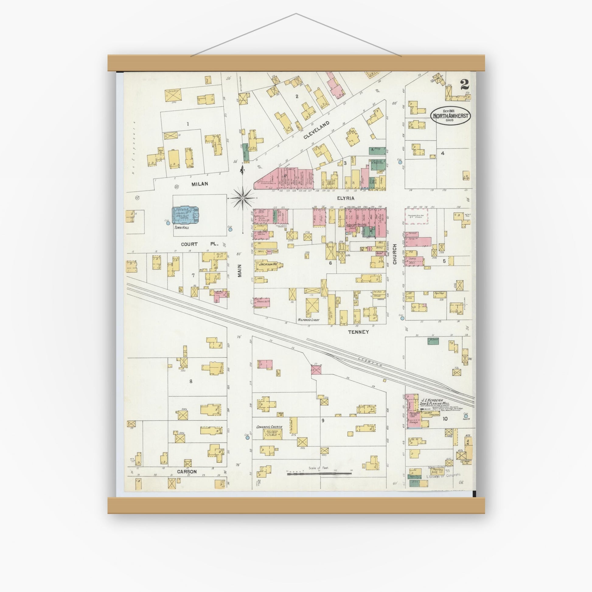Old map wall art mockup — magnetic wood frame on white wall — Sanborn Fire Insurance Map from North Amherst, Lorain County, Ohio (1901), Sheet #0002