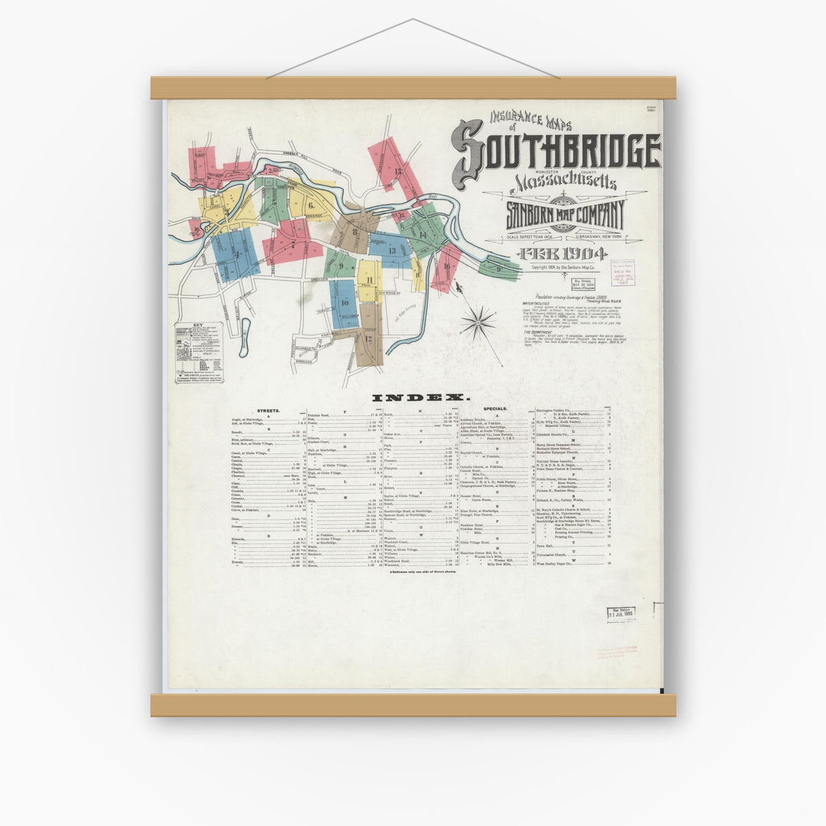 Old map wall art mockup — magnetic wood frame on white wall — Sanborn Fire Insurance Map from Southbridge, Worcester County, Massachusetts (1904) - Complete Map Set