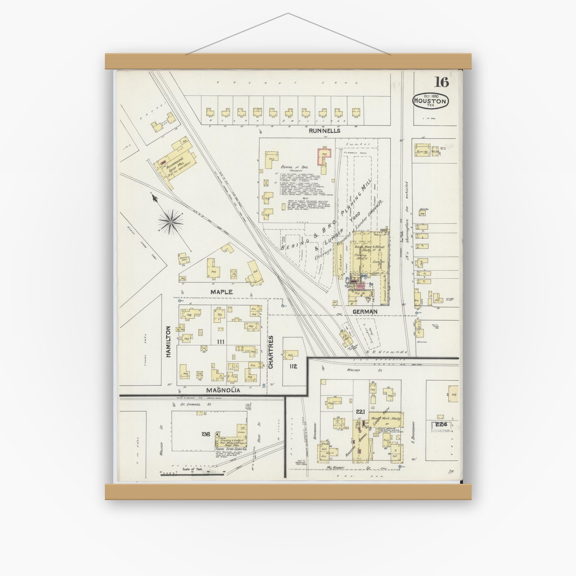 Old map wall art mockup — magnetic wood frame on white wall — Sanborn Fire Insurance Map from Houston, Harris County, Texas (1890), Sheet #0016