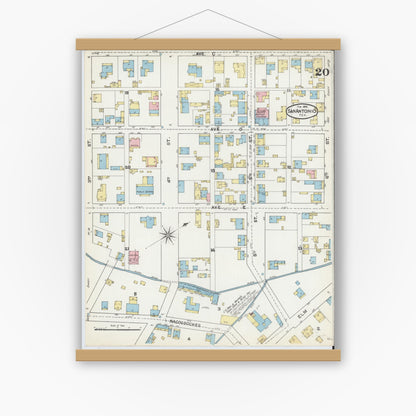 Old map wall art mockup — magnetic wood frame on white wall — Sanborn Fire Insurance Map from San Antonio, Bexar County, Texas (1892), Sheet #0020