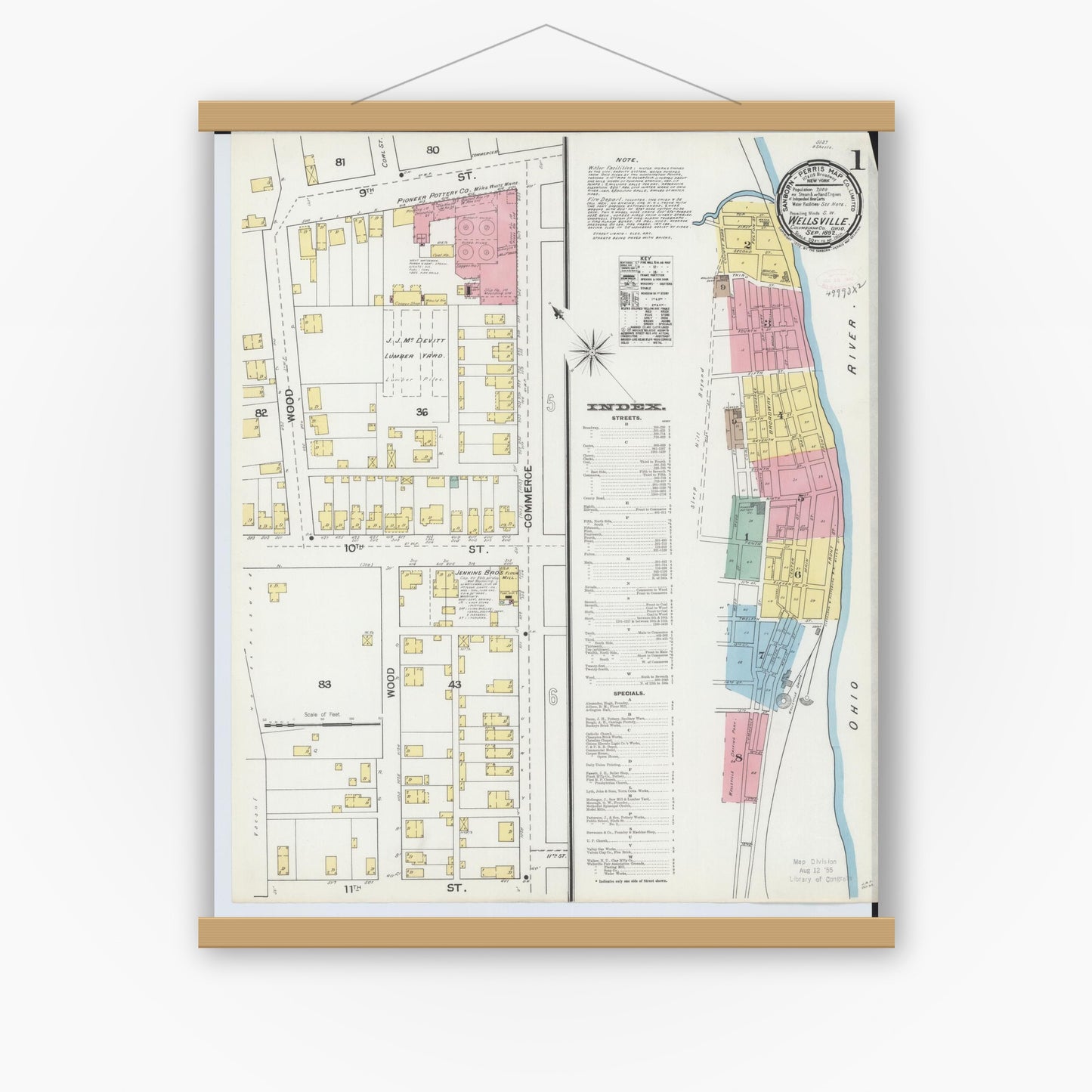 Old map wall art mockup — magnetic wood frame on white wall — Sanborn Fire Insurance Map from Wellsville, Columbiana County, Ohio (1892), Sheet #0001