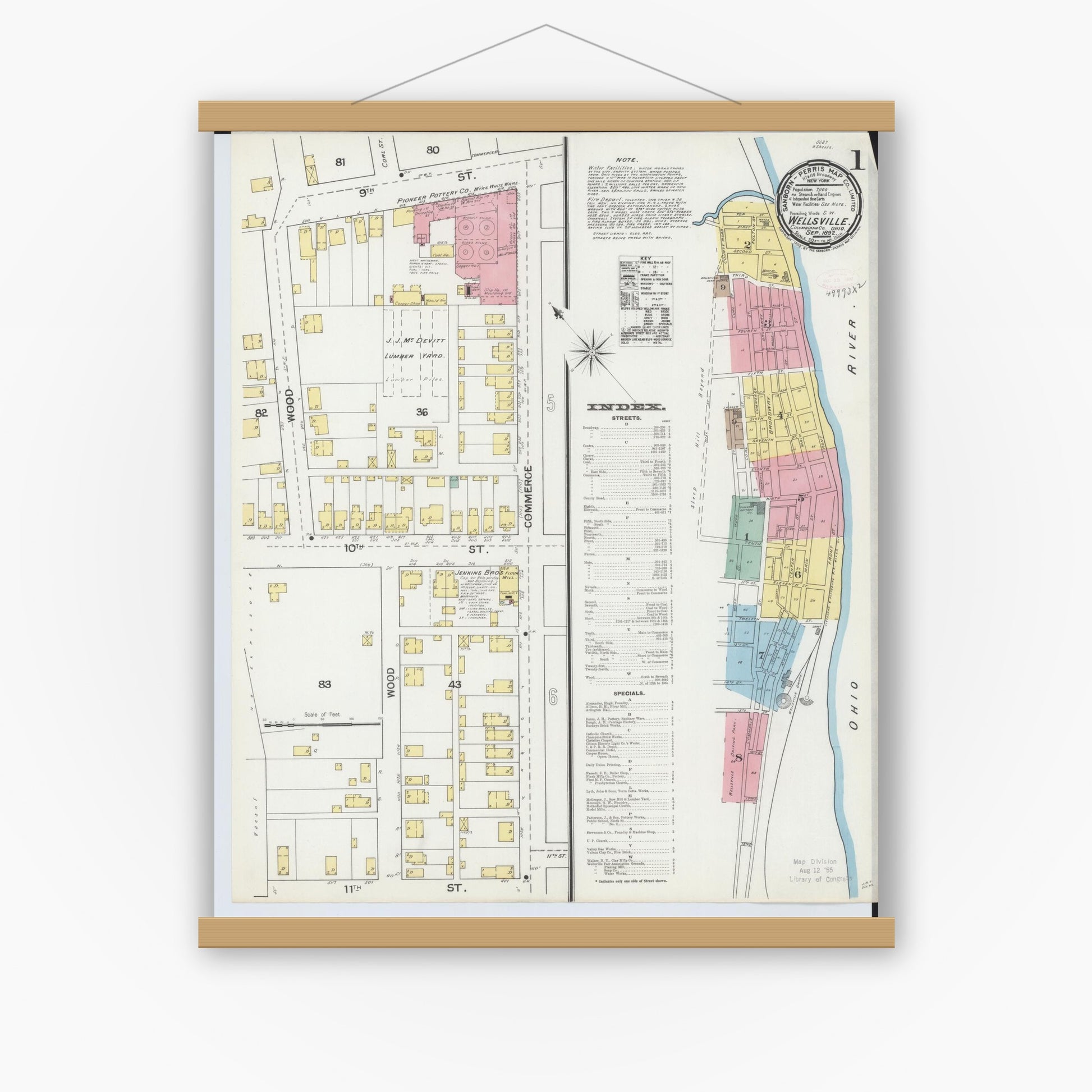 Old map wall art mockup — magnetic wood frame on white wall — Sanborn Fire Insurance Map from Wellsville, Columbiana County, Ohio (1892), Sheet #0001