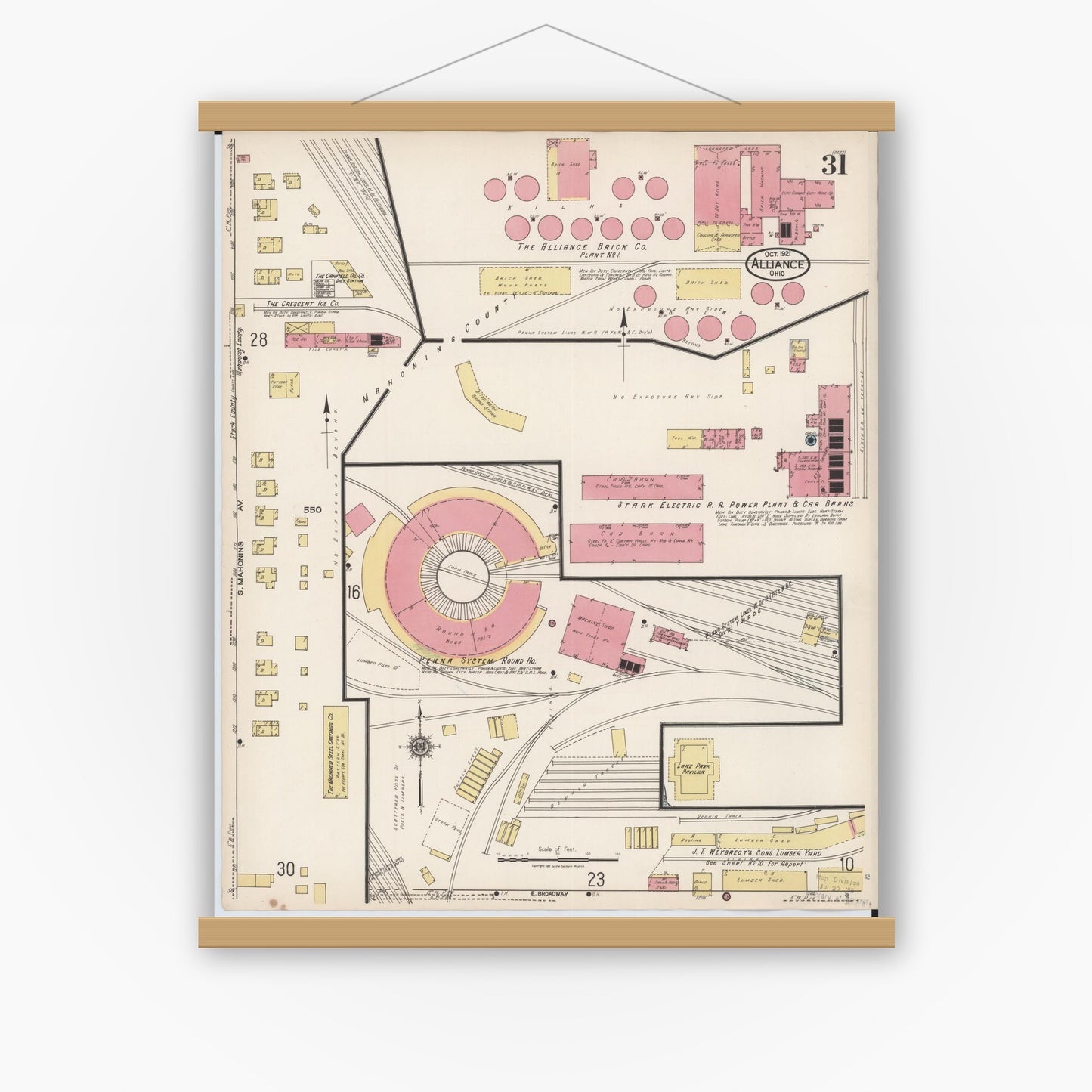 Old map wall art mockup — magnetic wood frame on white wall — Sanborn Fire Insurance Map from Alliance, Stark County, Ohio (1921), Sheet #0031