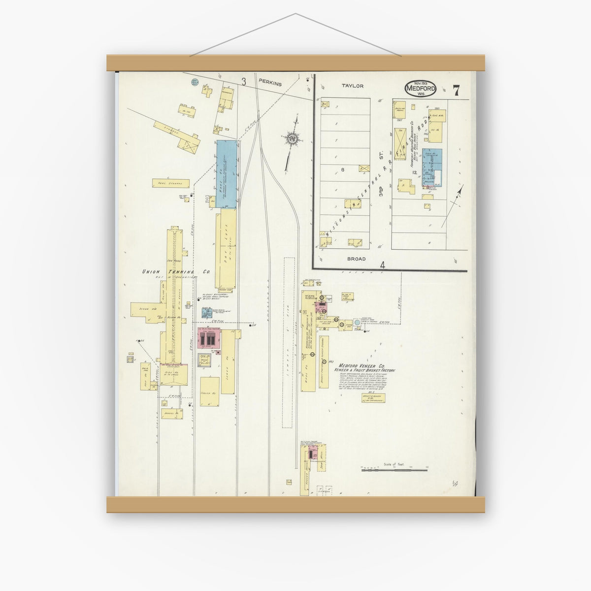 Old map wall art mockup — magnetic wood frame on white wall — Sanborn Fire Insurance Map from Medford, Taylor County, Wisconsin (1913), Sheet #0007
