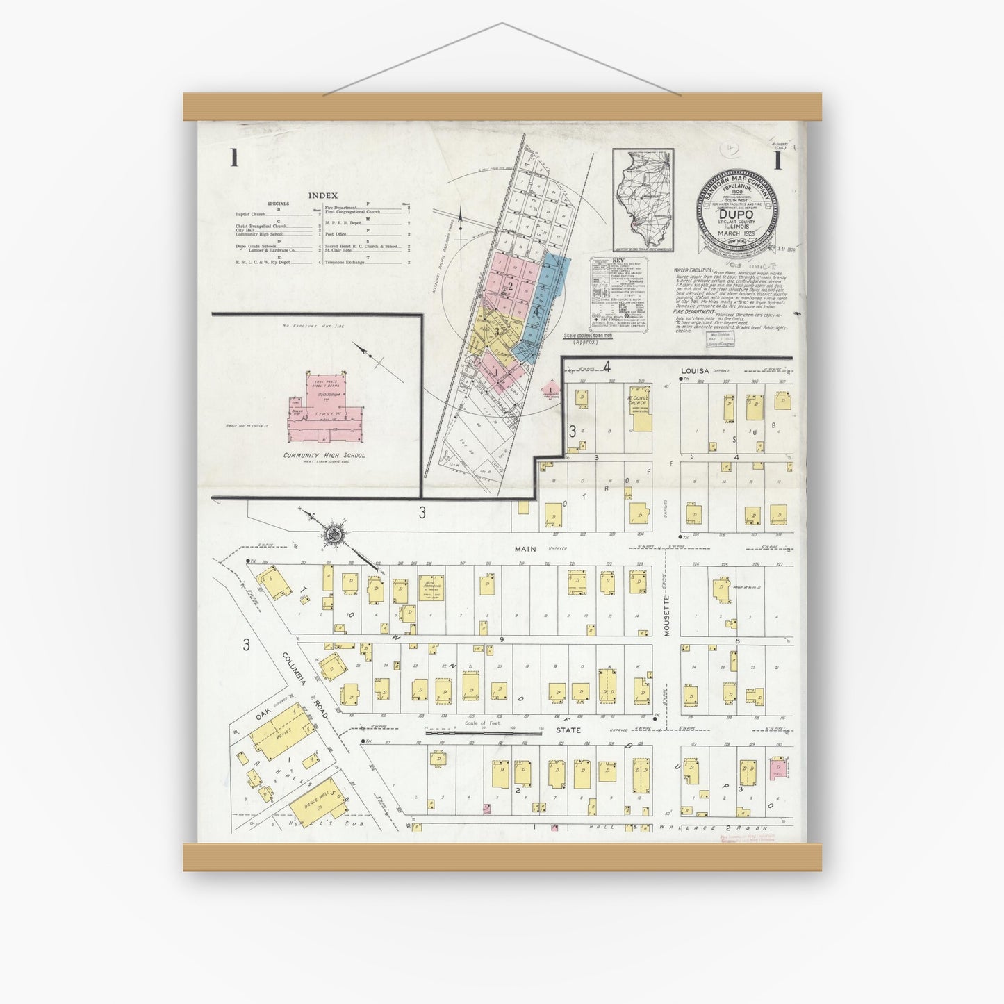 Old map wall art mockup — magnetic wood frame on white wall — Sanborn Fire Insurance Map from Dupo, Saint Clair County, Illinois (1928), Sheet #0001