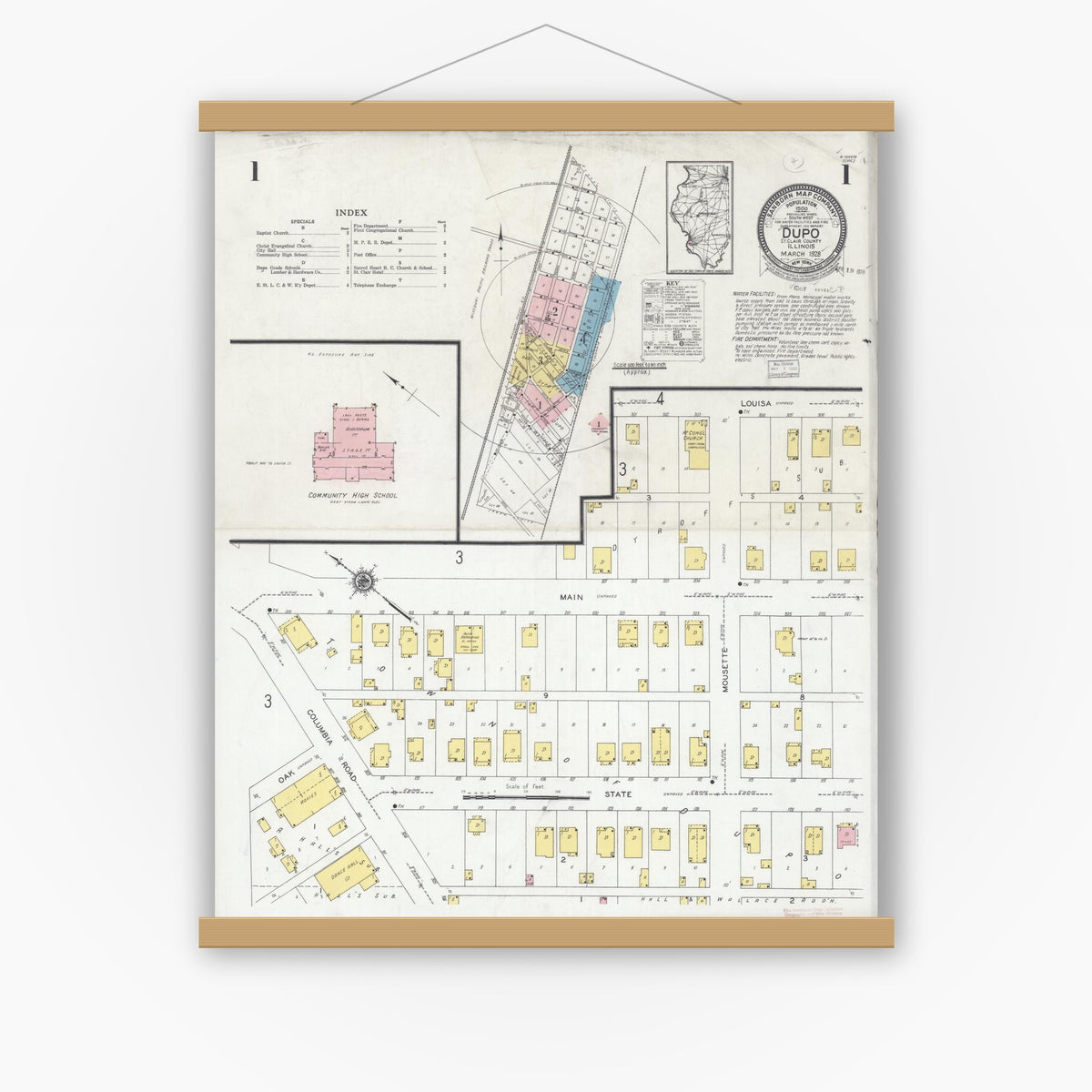 Old map wall art mockup — magnetic wood frame on white wall — Sanborn Fire Insurance Map from Dupo, Saint Clair County, Illinois (1928), Sheet #0001