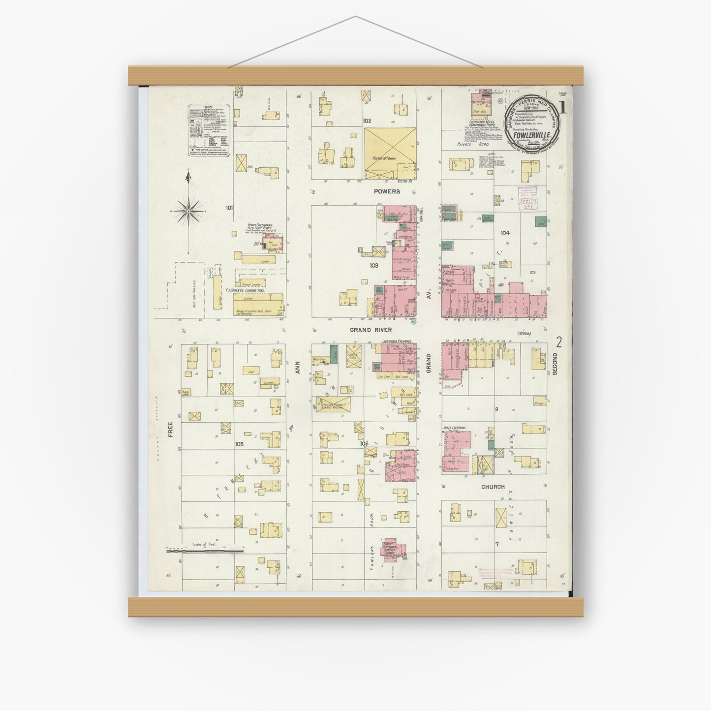 Old map wall art mockup — magnetic wood frame on white wall — Sanborn Fire Insurance Map from Fowlerville, Livingston County, Michigan (1901) - Complete Map Set