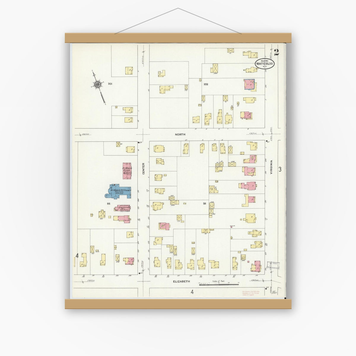 Old map wall art mockup — magnetic wood frame on white wall — Sanborn Fire Insurance Map from Waterloo, Seneca County, New York (1911), Sheet #0002