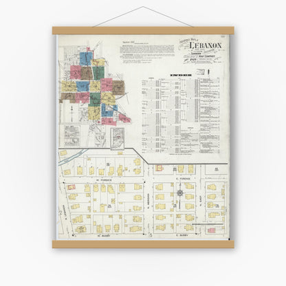 Old map wall art mockup — magnetic wood frame on white wall — Sanborn Fire Insurance Map from Lebanon, Boone County, Indiana (1919) - Complete Map Set