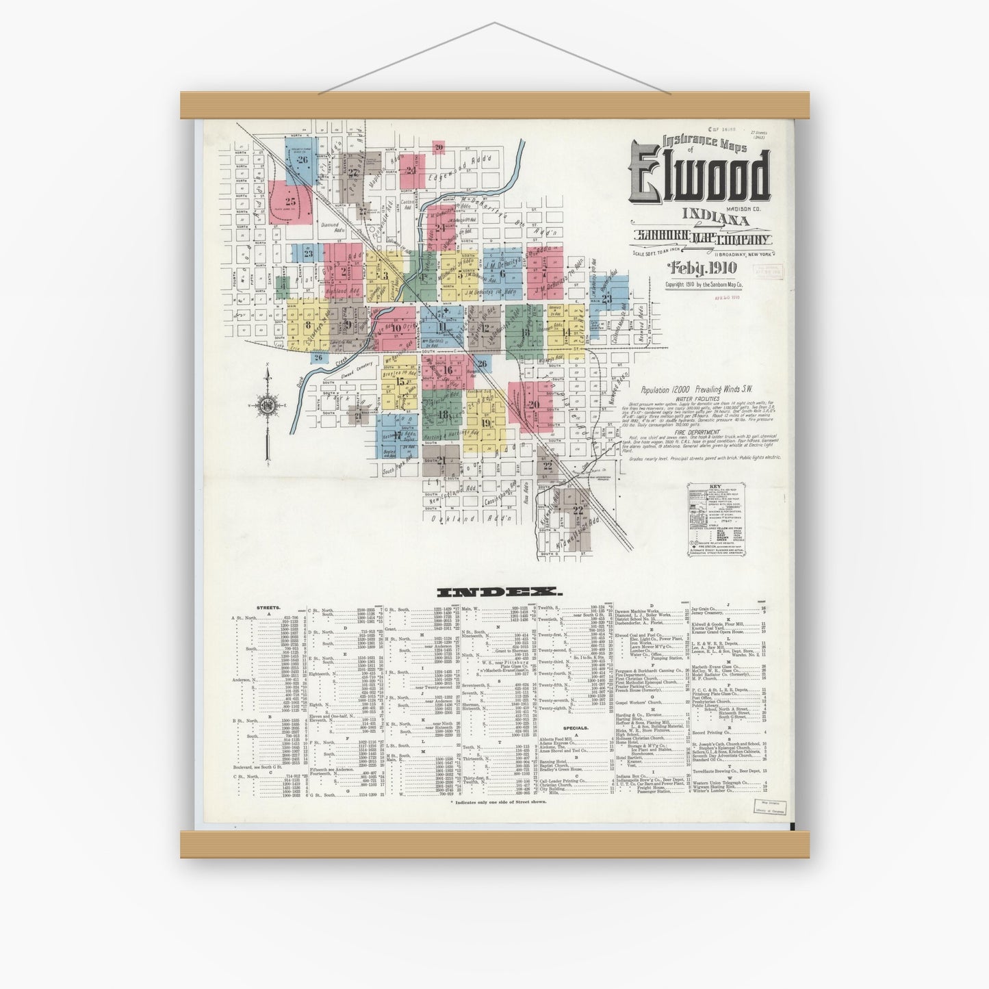 Old map wall art mockup — magnetic wood frame on white wall — Sanborn Fire Insurance Map from Elwood, Madison County, Indiana (1910), Sheet #0001