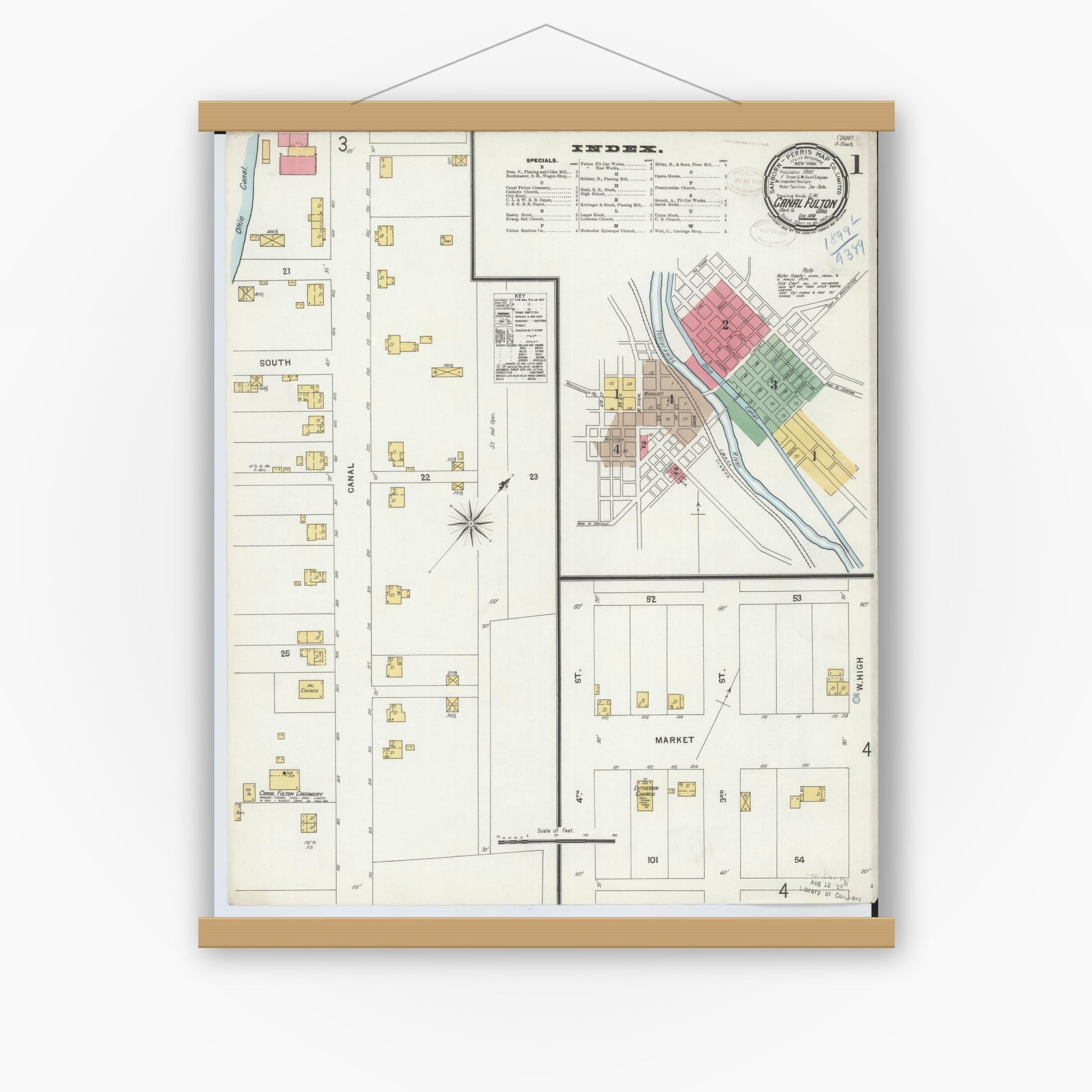 Old map wall art mockup — magnetic wood frame on white wall — Sanborn Fire Insurance Map from Canal Fulton, Stark County, Ohio (1898), Sheet #0001