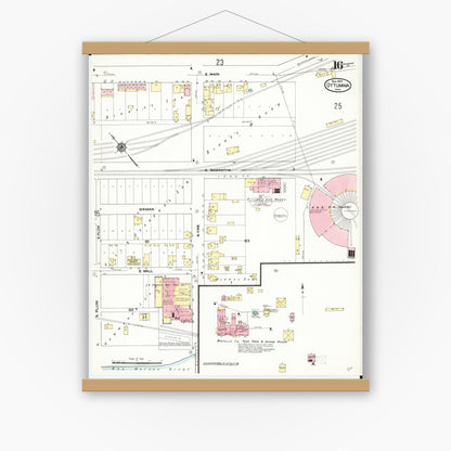Old map wall art mockup — magnetic wood frame on white wall — Sanborn Fire Insurance Map from Ottumwa, Wapello County, Iowa (1909), Sheet #0016