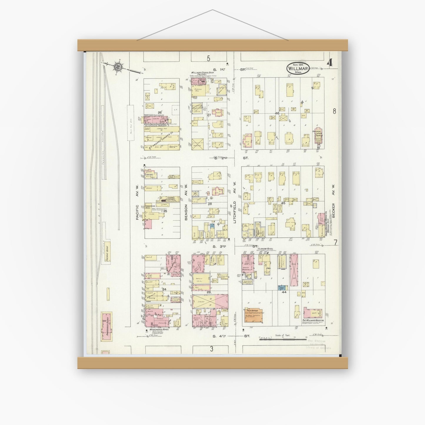 Old map wall art mockup — magnetic wood frame on white wall — Sanborn Fire Insurance Map from Willmar, Kandiyohi County, Minnesota (1914), Sheet #0004