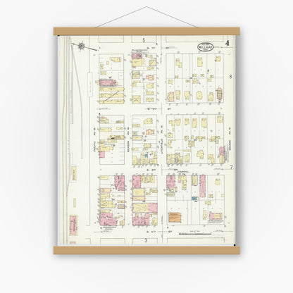 Old map wall art mockup — magnetic wood frame on white wall — Sanborn Fire Insurance Map from Willmar, Kandiyohi County, Minnesota (1914), Sheet #0004