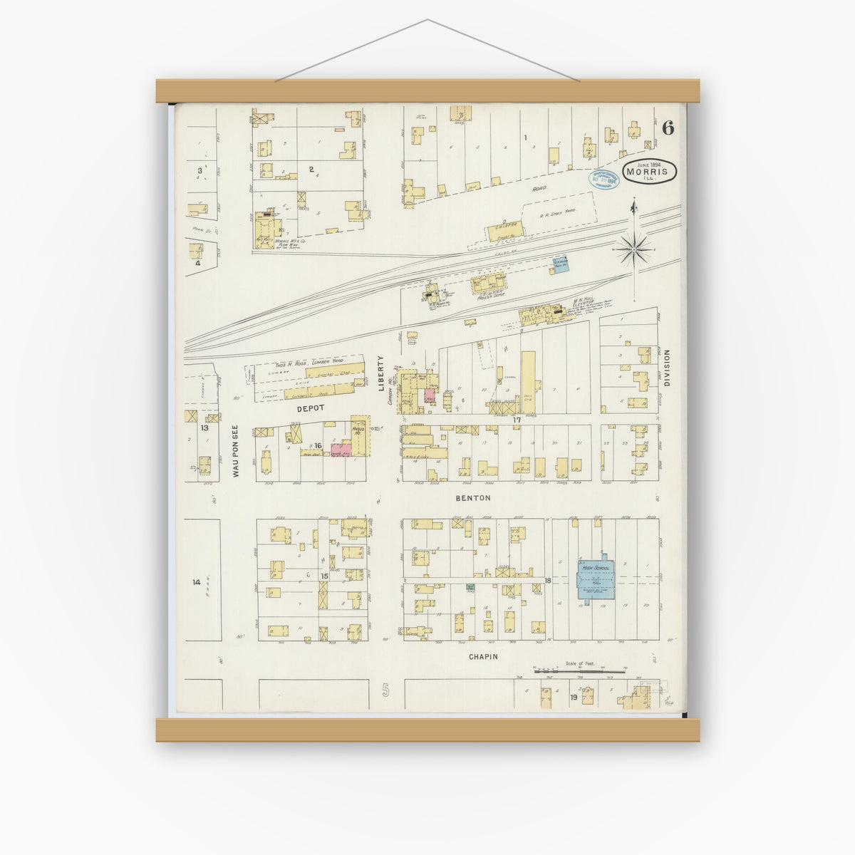 Old map wall art mockup — magnetic wood frame on white wall — Sanborn Fire Insurance Map from Morris, Grundy County, Illinois (1894), Sheet #0006