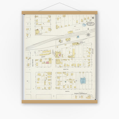 Old map wall art mockup — magnetic wood frame on white wall — Sanborn Fire Insurance Map from Morris, Grundy County, Illinois (1894), Sheet #0006