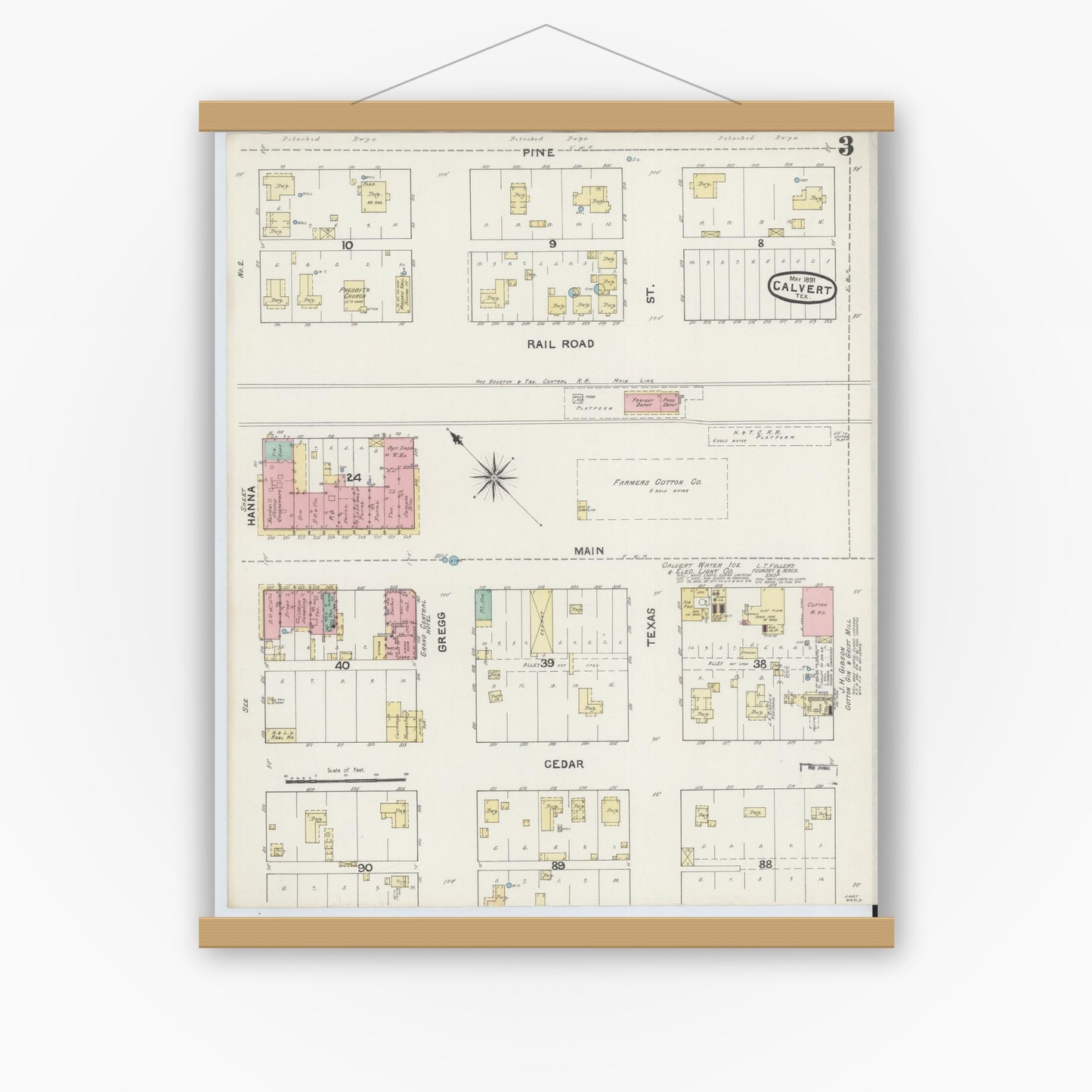 Old map wall art mockup — magnetic wood frame on white wall — Sanborn Fire Insurance Map from Calvert, Robertson County, Texas (1891), Sheet #0003
