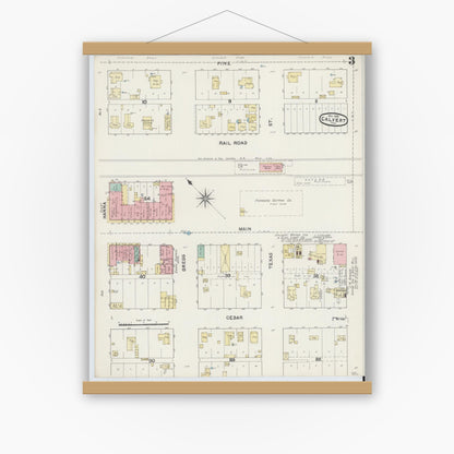 Old map wall art mockup — magnetic wood frame on white wall — Sanborn Fire Insurance Map from Calvert, Robertson County, Texas (1891), Sheet #0003