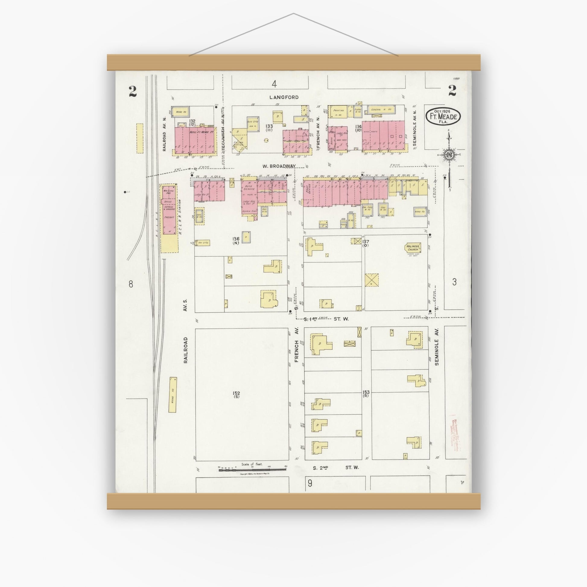 Old map wall art mockup — magnetic wood frame on white wall — Sanborn Fire Insurance Map from Fort Meade, Polk County, Florida (1924), Sheet #0002