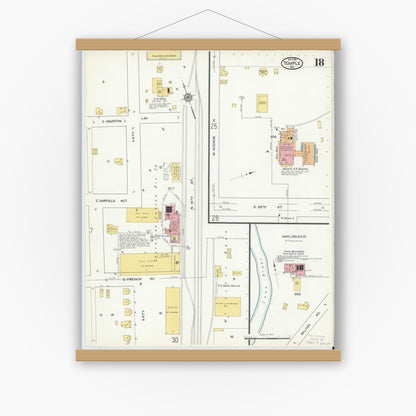 Old map wall art mockup — magnetic wood frame on white wall — Sanborn Fire Insurance Map from Temple, Bell County, Texas (1915), Sheet #0018