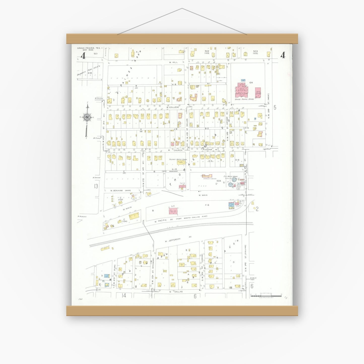 Old map wall art mockup — magnetic wood frame on white wall — Sanborn Fire Insurance Map from Grand Prairie, Dallas County, Texas (1943), Sheet #0004