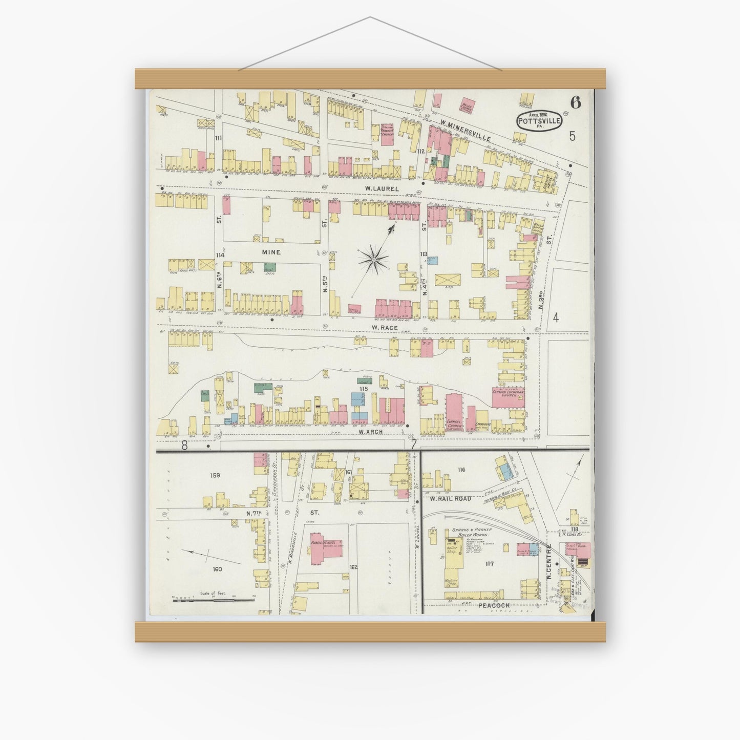 Old map wall art mockup — magnetic wood frame on white wall — Sanborn Fire Insurance Map from Pottsville, Schuylkill County, Pennsylvania (1895), Sheet #0006