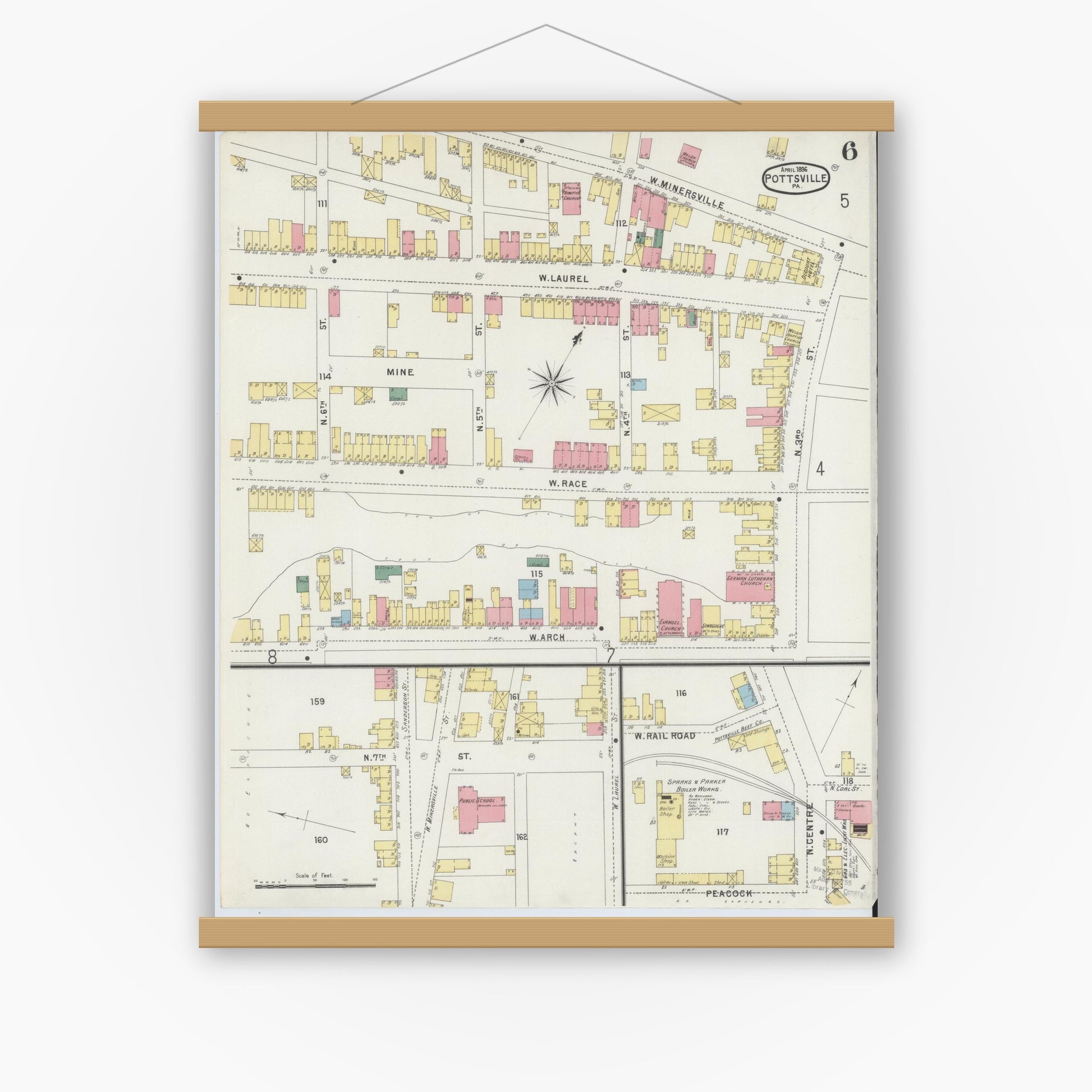 Old map wall art mockup — magnetic wood frame on white wall — Sanborn Fire Insurance Map from Pottsville, Schuylkill County, Pennsylvania (1895), Sheet #0006