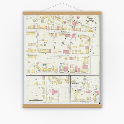 Old map wall art mockup — magnetic wood frame on white wall — Sanborn Fire Insurance Map from Pottsville, Schuylkill County, Pennsylvania (1895), Sheet #0006
