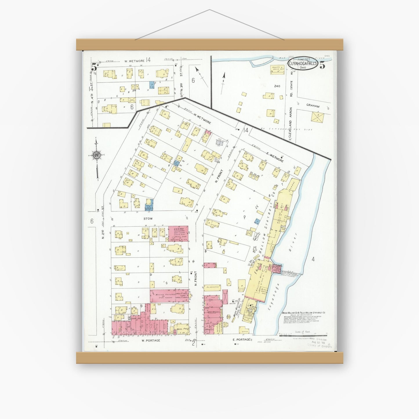 Old map wall art mockup — magnetic wood frame on white wall — Sanborn Fire Insurance Map from Cuyahoga Falls, Summit County, Ohio (1927), Sheet #0005