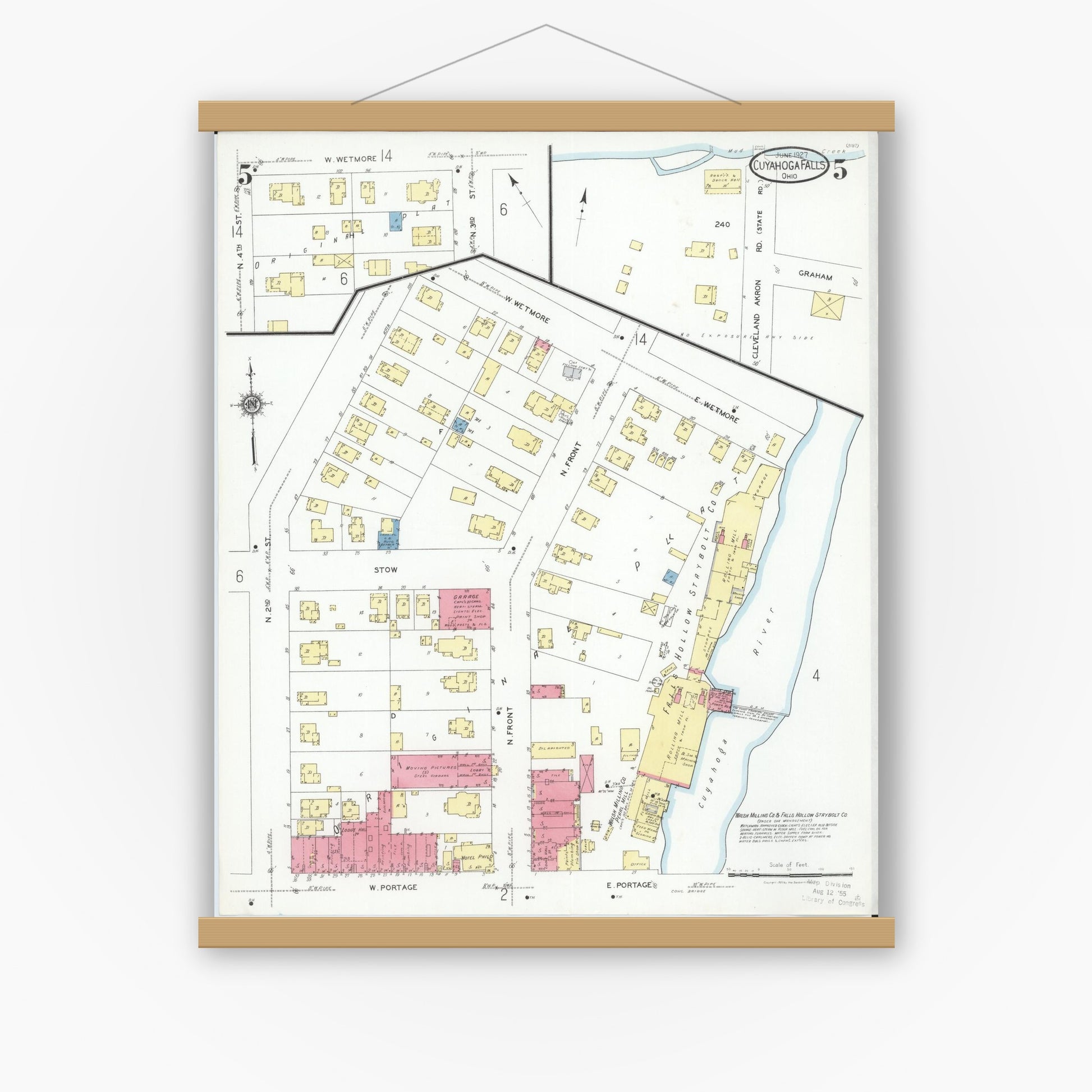 Old map wall art mockup — magnetic wood frame on white wall — Sanborn Fire Insurance Map from Cuyahoga Falls, Summit County, Ohio (1927), Sheet #0005