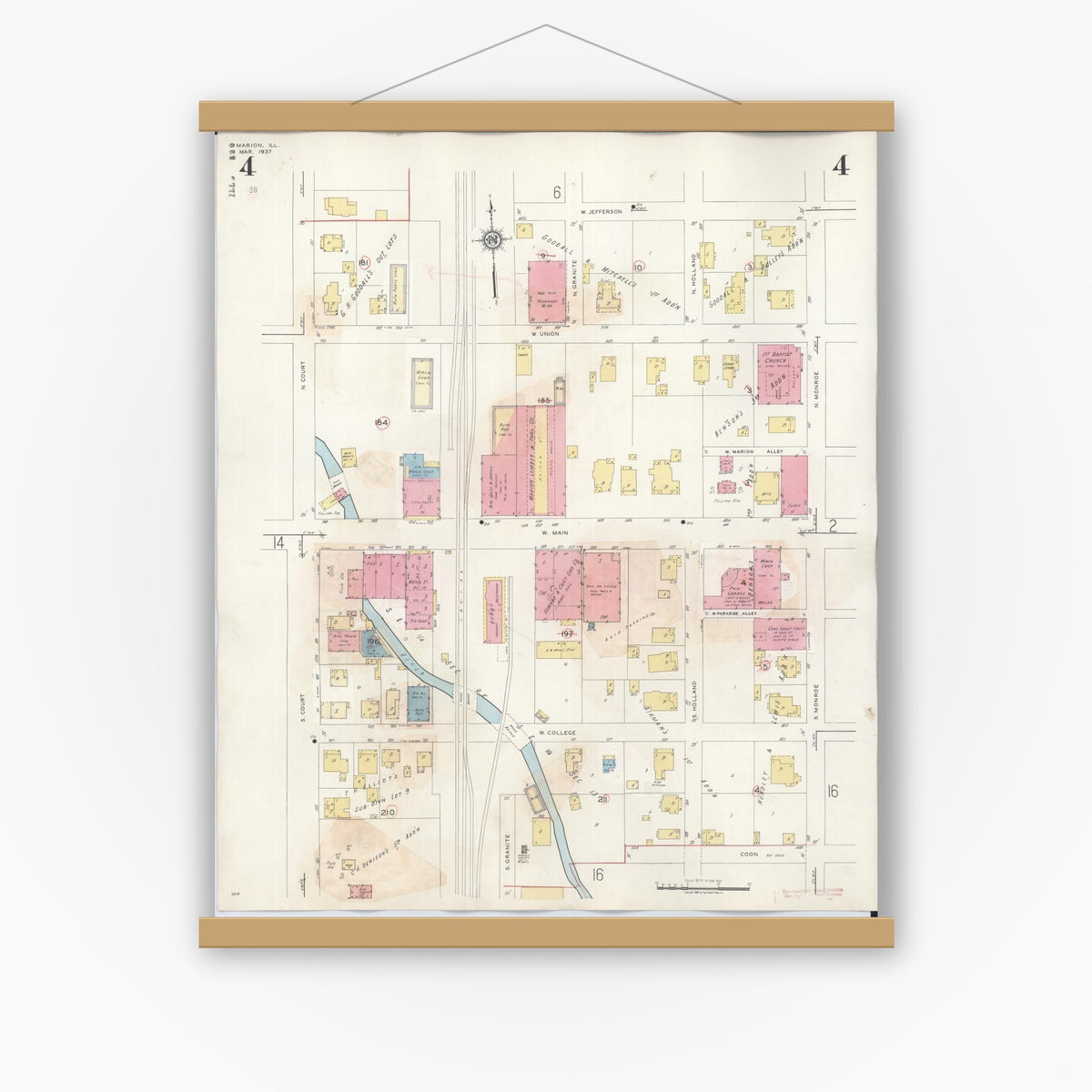 Old map wall art mockup — magnetic wood frame on white wall — Sanborn Fire Insurance Map from Marion, Williamson County, Illinois (1946), Sheet #0004
