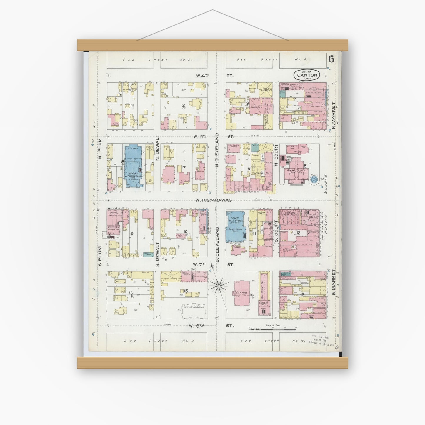 Old map wall art mockup — magnetic wood frame on white wall — Sanborn Fire Insurance Map from Canton, Stark County, Ohio (1891), Sheet #0006